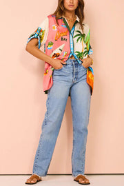 Satin Colorblock Print Oversized Button-Down Blouse