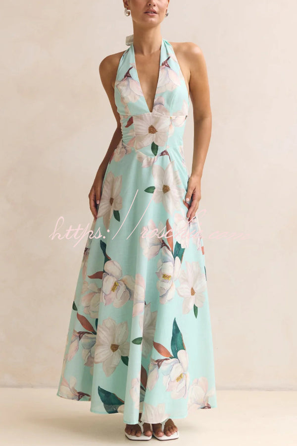 Floral Print Halter Neck Backless Maxi Dress