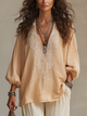 Apricot Embroidered V-Neck Long Sleeve Blouse