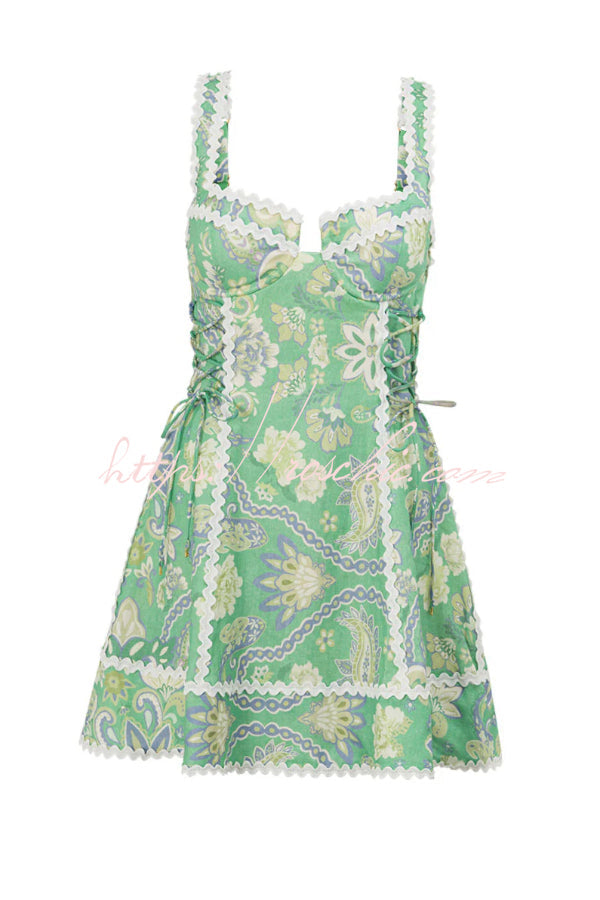 Printed Linen Blend Serrated Trim Mini Dress with Side Tie