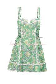 Printed Linen Blend Serrated Trim Mini Dress with Side Tie