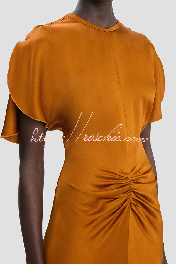 Satin Maxi Dress Short Sleeve Ruched Waist V-Back Gown