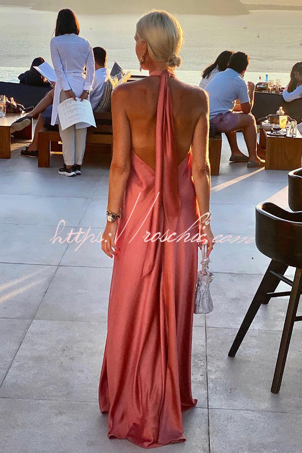 Satin Halter Backless Maxi Dress – Sleeveless Vacation Wear