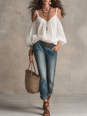 Women's Long Sleeve Boho Blouse with Cold-Shoulder V-Neck