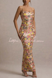 Floral Sequin Maxi Dress – 80s Square Neck Slip Style