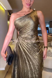 Metallic One Shoulder Pleated Maxi Dress for Parties