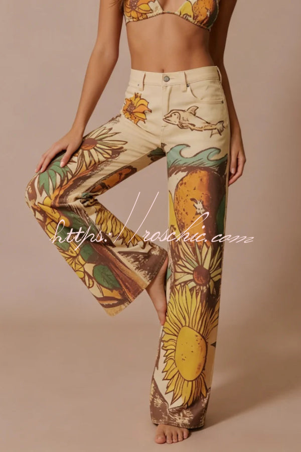 Doodle Print Wide Leg Jeans – Mid Rise, Loose Fit