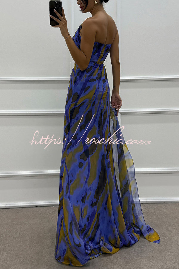 Watercolor Feather Print Off-Shoulder Chiffon Maxi Dress