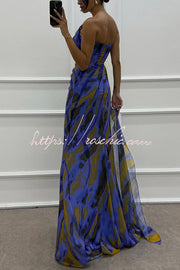 Watercolor Feather Print Off-Shoulder Chiffon Maxi Dress