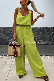 Embroidered Flower Sleeveless Jumpsuit – Loose V-Neck