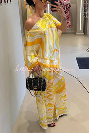 Satin Cape-Sleeve Top & Wide-Leg Pants Set | Vacation