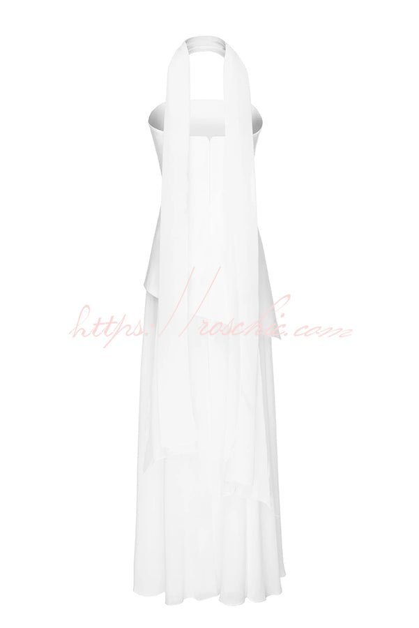 Off Shoulder Chiffon Maxi Dress with Structured Top & Slit