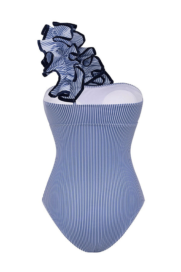 Striped One-Shoulder 3D Floral One-Piece Swimsuit