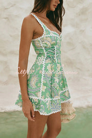 Printed Linen Blend Serrated Trim Mini Dress with Side Tie
