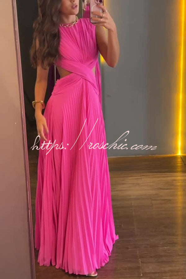 Pleated Chiffon Crossover Cutout Open Back Maxi Dress