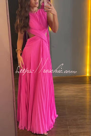 Pleated Chiffon Crossover Cutout Open Back Maxi Dress