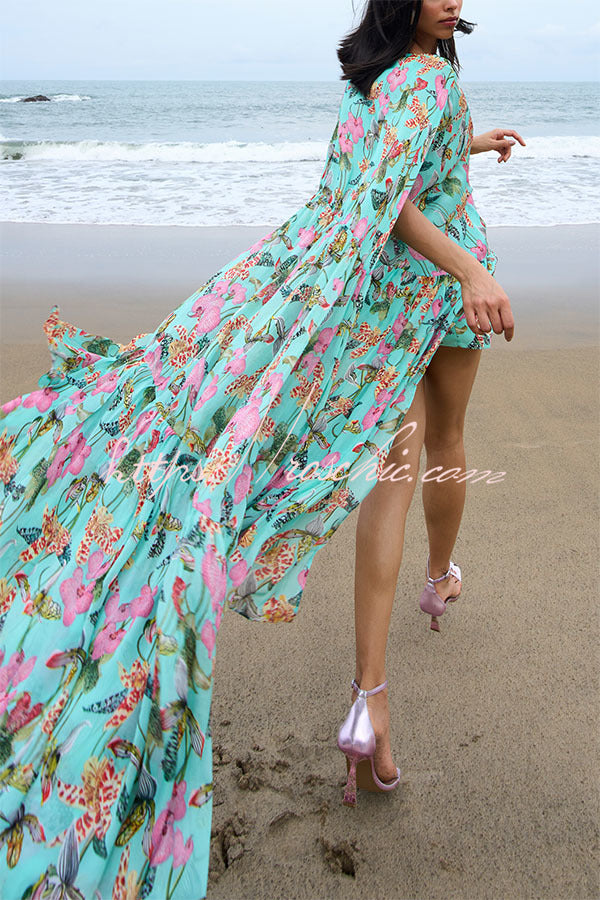 Floral Print High Low Cape Maxi Dress for Party & Vacation