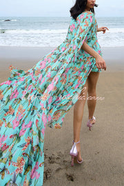 Floral Print High Low Cape Maxi Dress for Party & Vacation