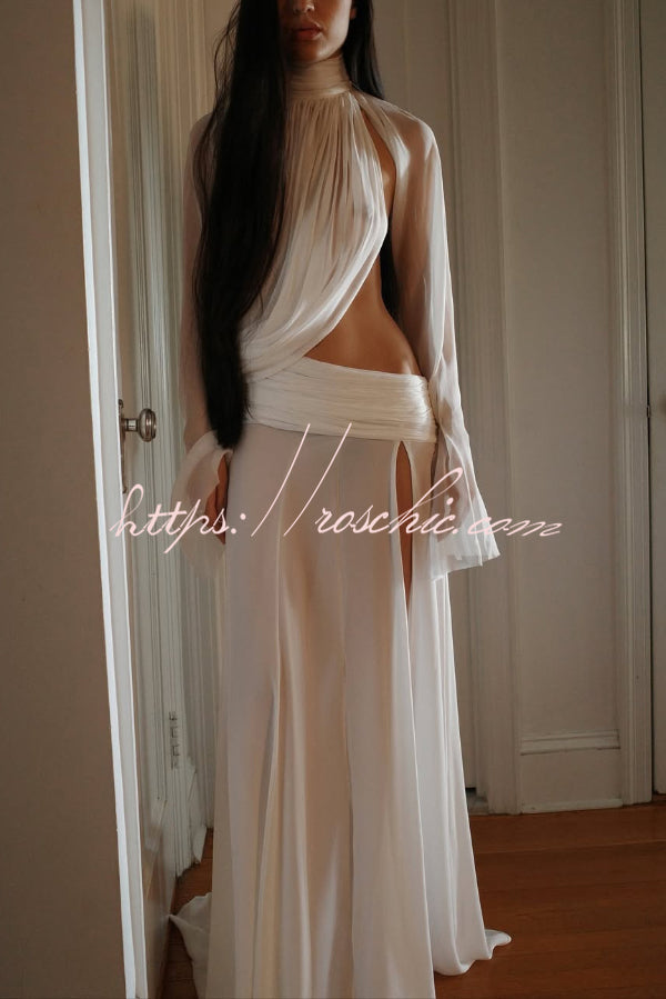 See-Through High-Neck Long-Sleeve Top & Maxi Skirt Set