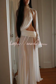 See-Through High-Neck Long-Sleeve Top & Maxi Skirt Set