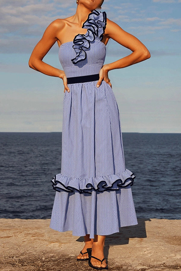 Striped Ruffle Trim Maxi Skirt – Loose Fit Vacation Style