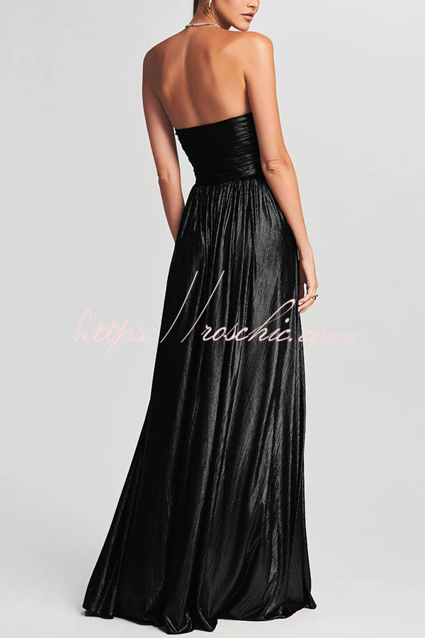 Metallic Pleated Off-Shoulder Maxi Dress with Thigh-High Slit