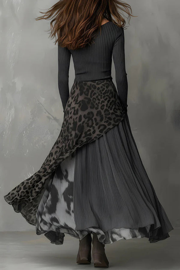 Leopard Print Patchwork Maxi Dress – Long Sleeve Vacation