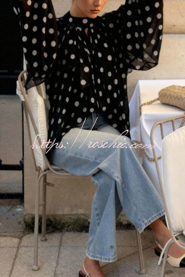Polka Dot Lantern Sleeve Tie-Waist Loose Shirt