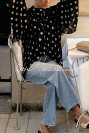 Polka Dot Lantern Sleeve Tie-Waist Loose Shirt