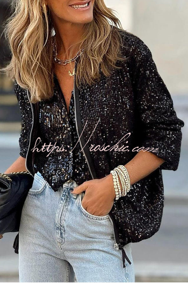 Sequin Zip-Up Long Sleeve Coat – Loose Fit Party Top
