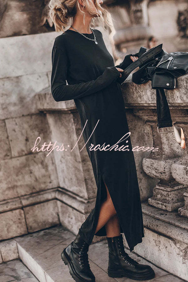 Cotton Blend Long Sleeve Midi Dress – Relaxed Fit