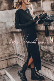 Cotton Blend Long Sleeve Midi Dress – Relaxed Fit