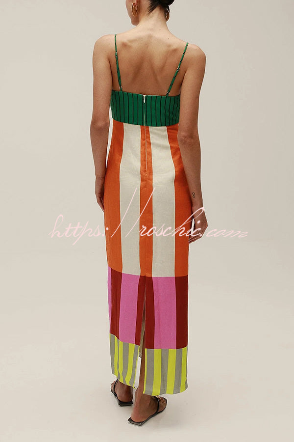 Linen Blend Color Block Slip Maxi Dress for Vacation