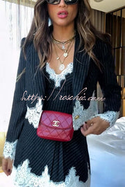 Striped Lace Trim Crop Blazer – Loose Lapel Jacket