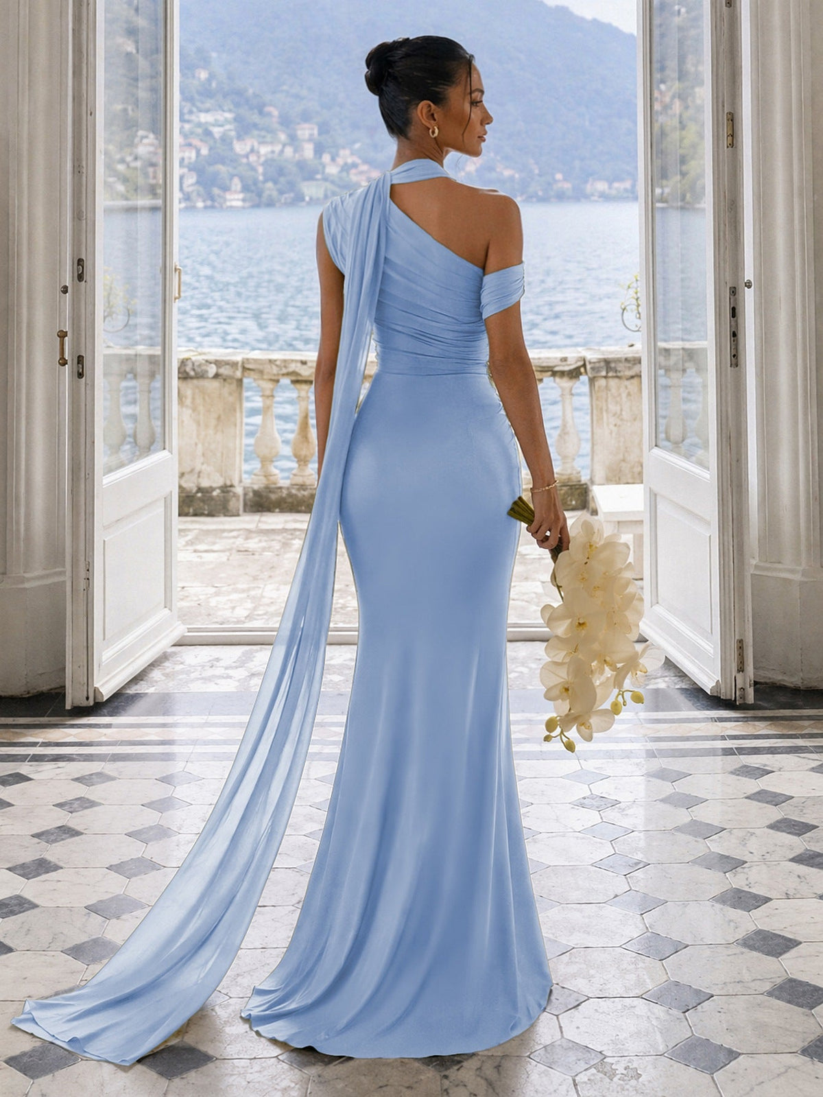 One Shoulder Formal Evening Gown with Built-In Bra, Ruched Mesh