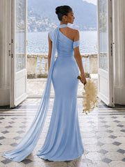 One Shoulder Formal Evening Gown with Built-In Bra, Ruched Mesh