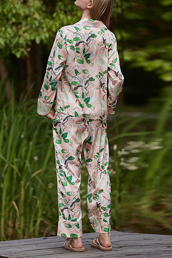 Swan Crane Printed Long Sleeve Two-Piece Set