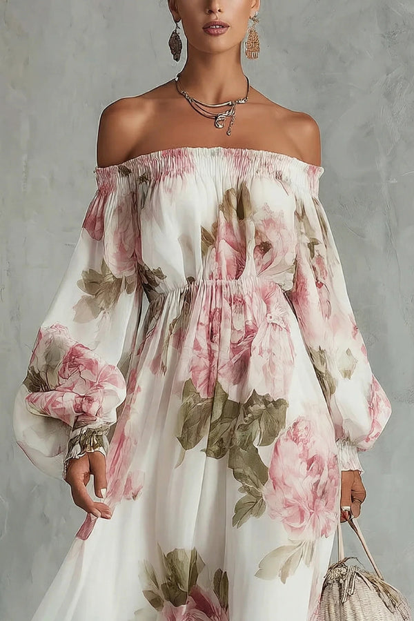 Floral Print Off-Shoulder Maxi Dress with Elastic Waist