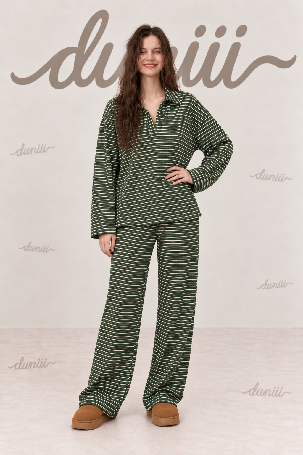 Duniii Striped V-Neck Long Sleeve Lounge Set