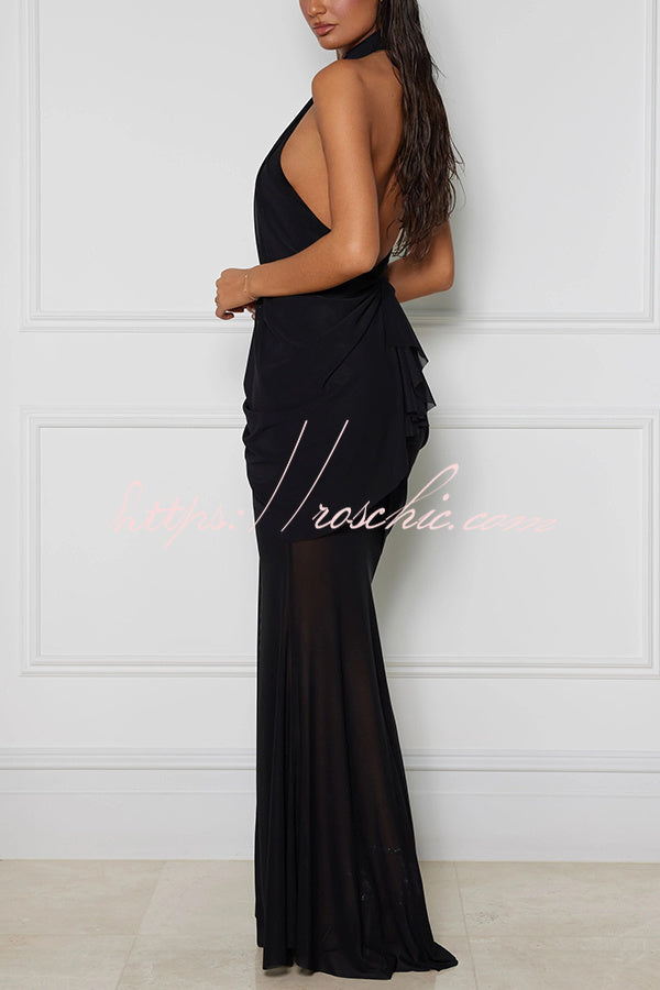 One Shoulder Mesh Maxi Dress with Butterfly Metal Clips