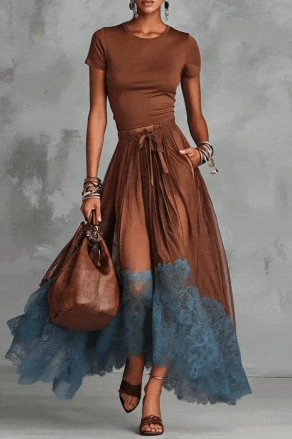 Round Neck Short Sleeve Top & Lace Hem Maxi Skirt Set
