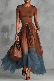 Round Neck Short Sleeve Top & Lace Hem Maxi Skirt Set