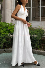 Linen Blend Halter Neck Backless Maxi Dress