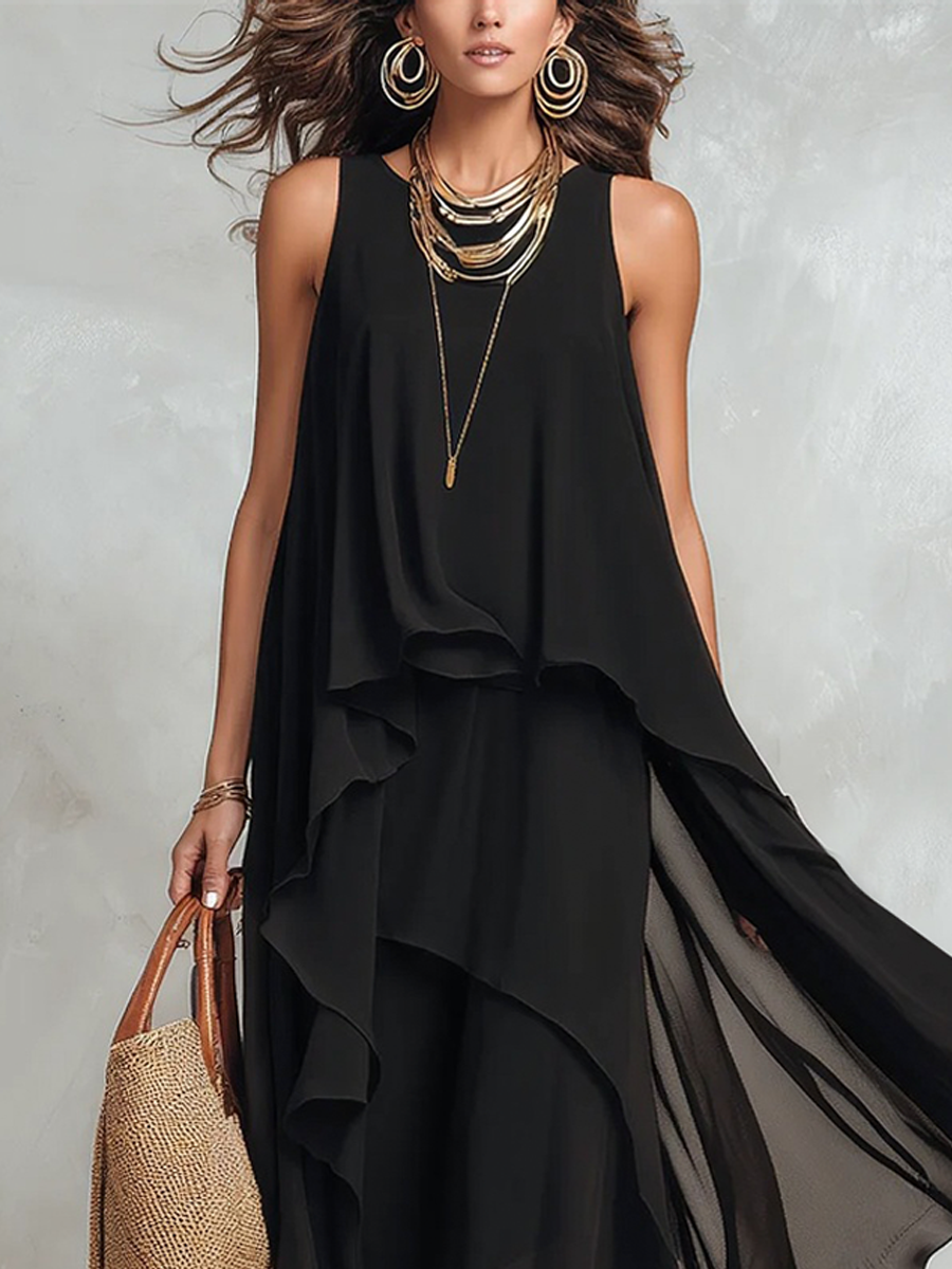 Black Layered Chiffon Maxi Dress – Boho Tiered Style