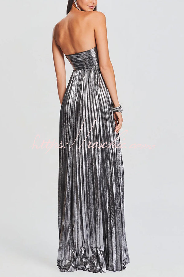 Metallic Pleated Off-Shoulder High Slit Maxi Dress