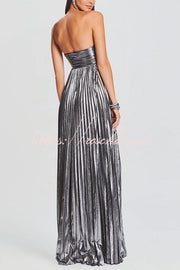 Metallic Pleated Off-Shoulder High Slit Maxi Dress