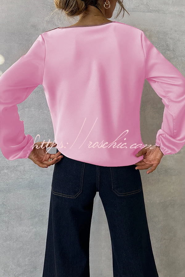 Satin Cowl Drape Neck Blouse – Long Sleeve Loose Fit Top
