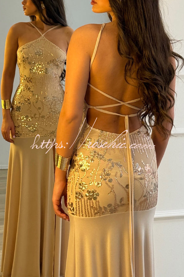 Sequin Halter Neck Slim-Fit Slit Maxi Dress