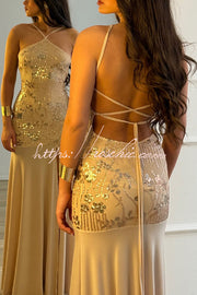 Sequin Halter Neck Slim-Fit Slit Maxi Dress