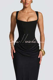 Square Neck Satin Drape Maxi Dress with Lace-Up Back